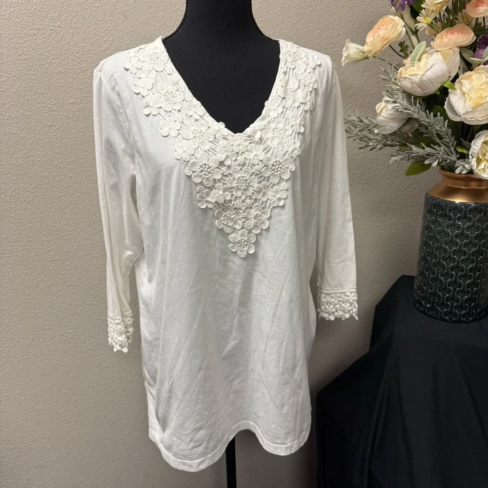 Krazy Kat White Lace Applique V-Neck Boho Tunic Top 3/4 Sleeve XL - Picture 1 of 9